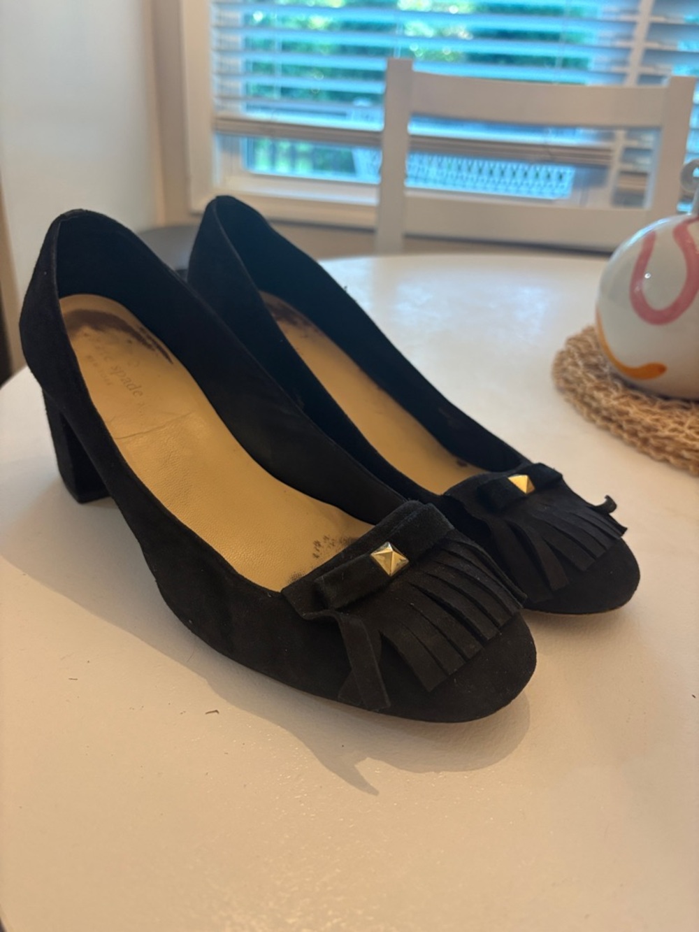 kate spade Black Suede Kiltie Block Heel Pumps